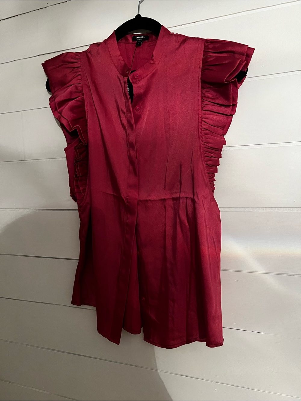 Express Women's Wine Red Ruffle Sleeve Button-Front Blouse